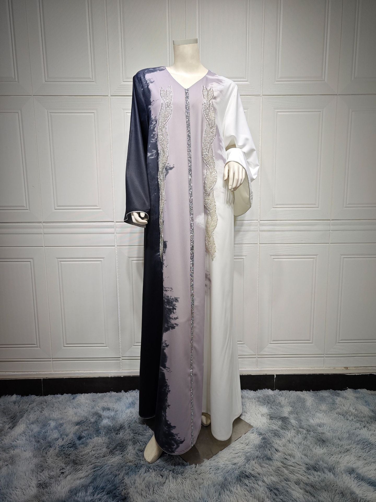 Pearl Embroidery Muslim Dress Tie-dye Rhinestone Robe
