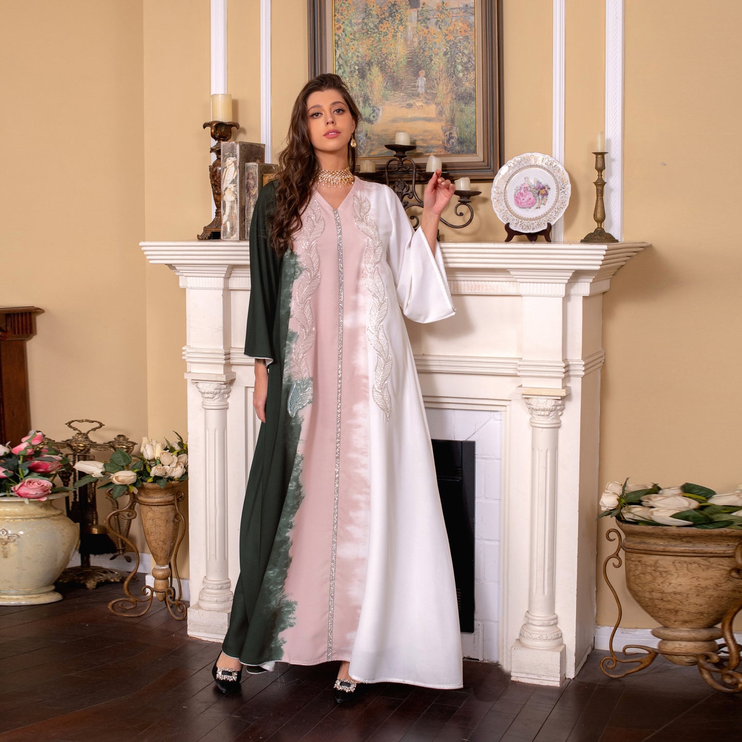 Pearl Embroidery Muslim Dress Tie-dye Rhinestone Robe