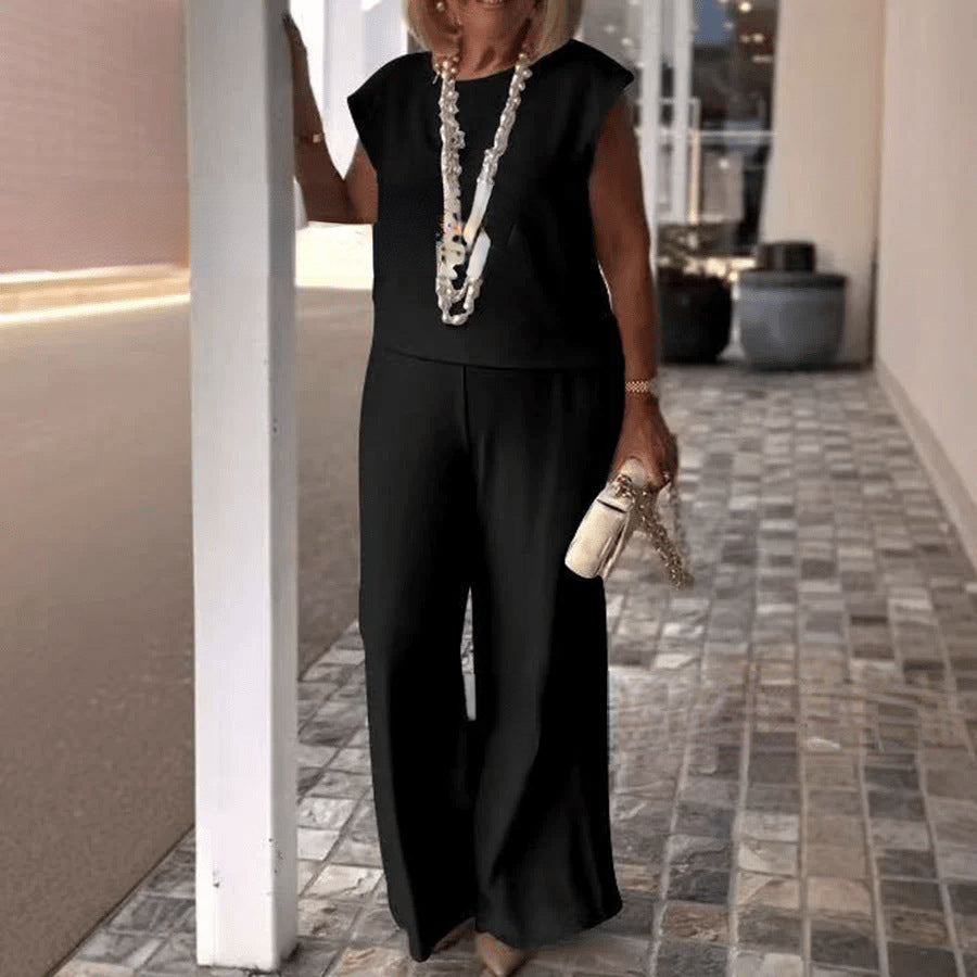Women's Solid Color Round Neck Sleeveless Top And Trousers Suit