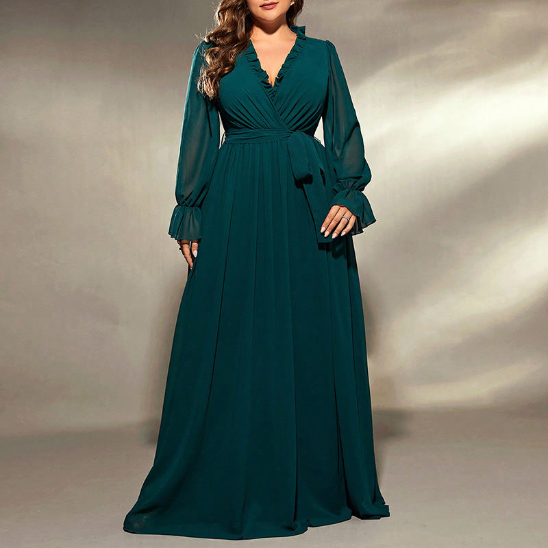 Women's Long Large Hem Green Chiffon Dress