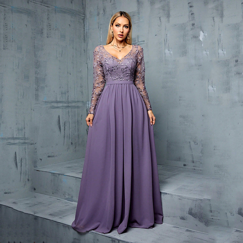 Chiffon Long Sleeve Party Formal Dress Women's Simple
