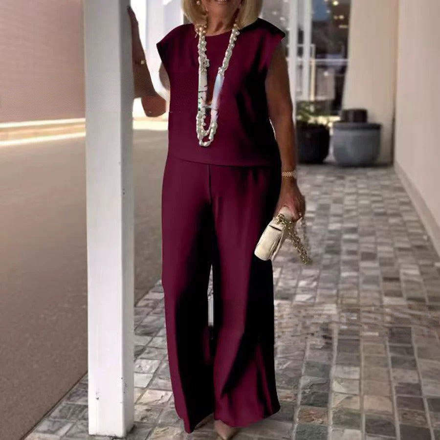 Women's Solid Color Round Neck Sleeveless Top And Trousers Suit