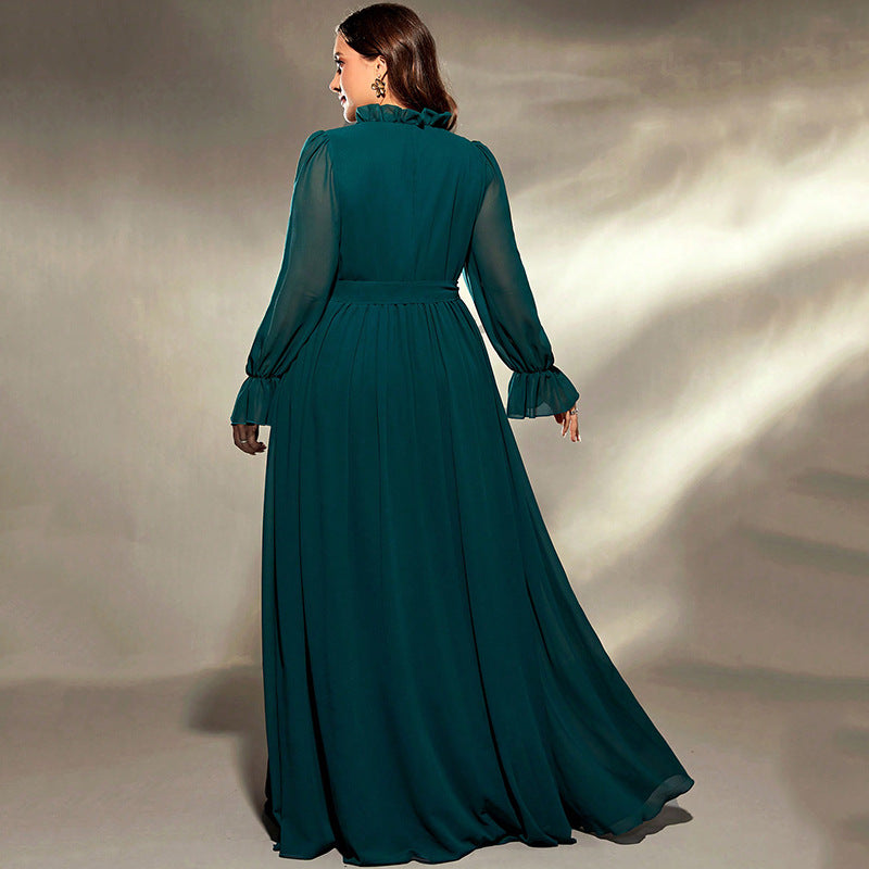 Women's Long Large Hem Green Chiffon Dress