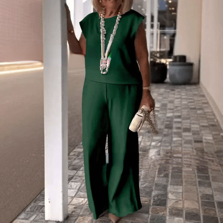 Women's Solid Color Round Neck Sleeveless Top And Trousers Suit