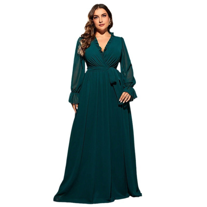 Women's Long Large Hem Green Chiffon Dress