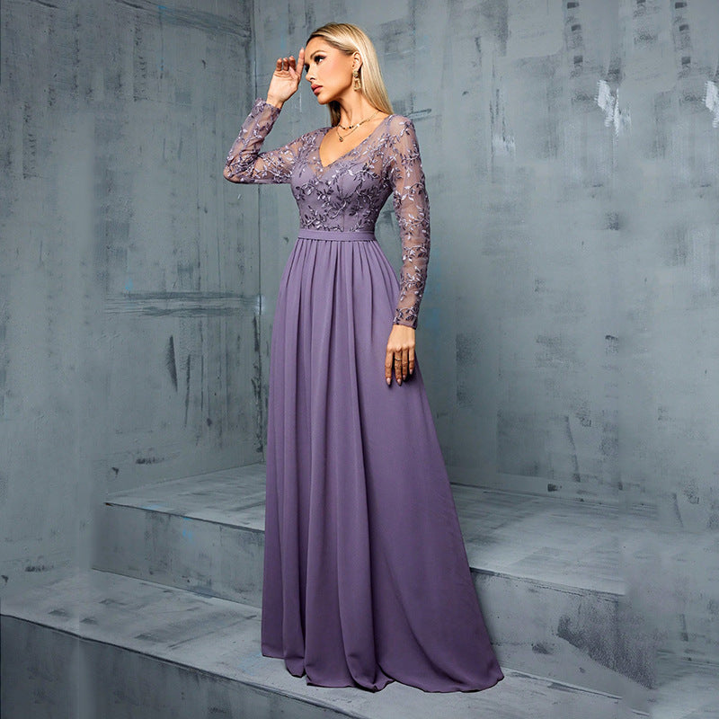 Chiffon Long Sleeve Party Formal Dress Women's Simple
