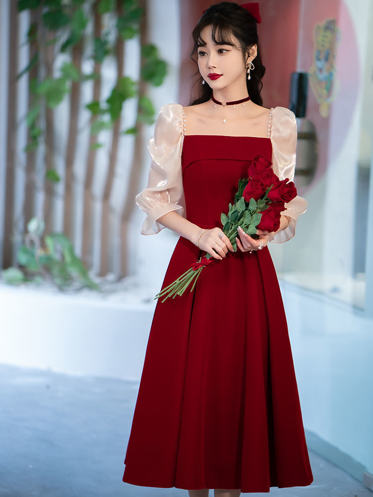 Women's All-match Wine Red High Sense Dress