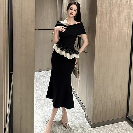 Off-shoulder Collar Design Ruffled Slimming Sheath Dress