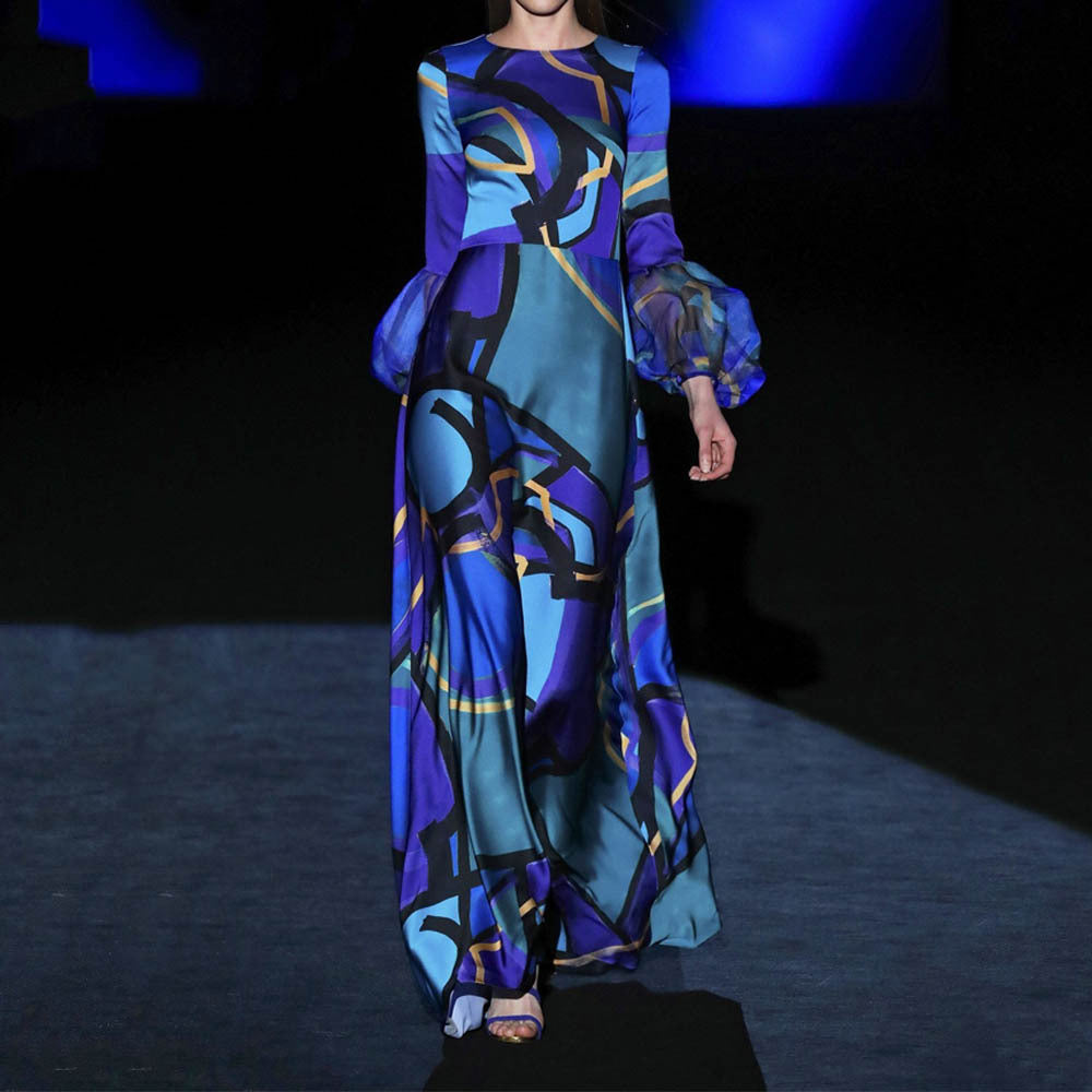 European And American New Blue Color Mid-waist Temperament Commute Printing Dress