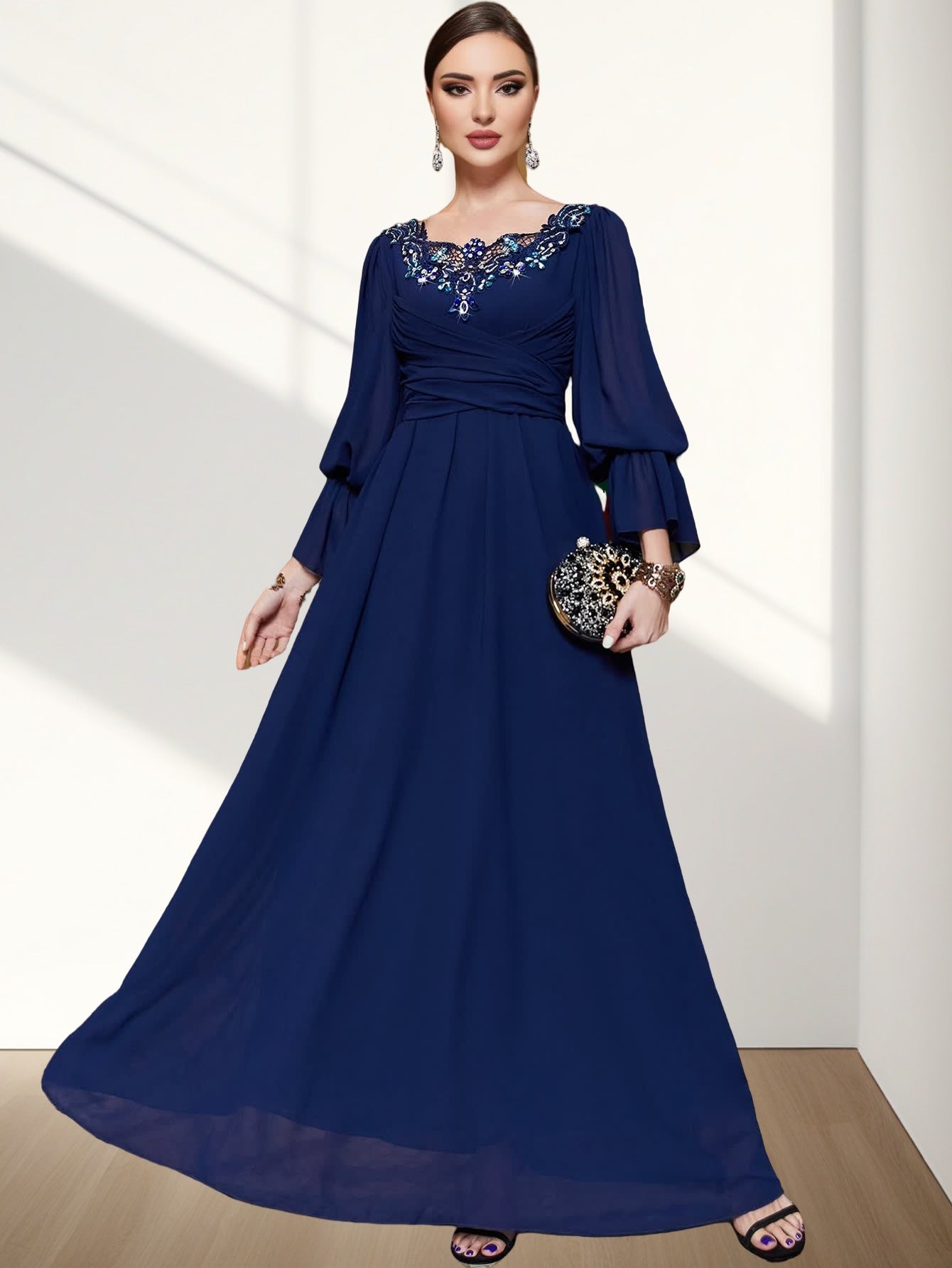BA3122 Navy Blue Chiffon Patchwork Lace Lace Collar Evening Dress
