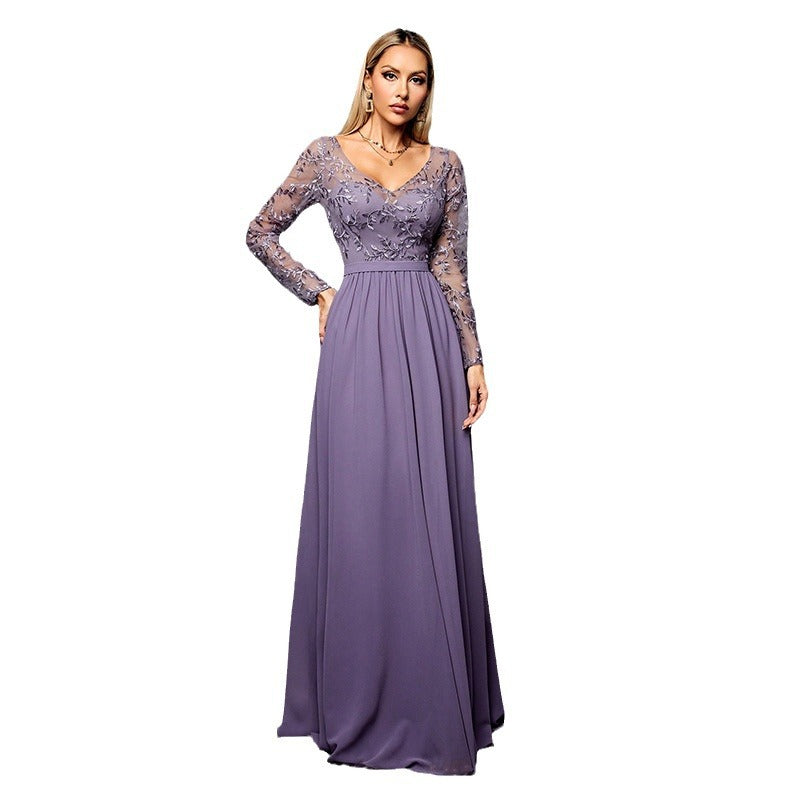 Chiffon Long Sleeve Party Formal Dress Women's Simple