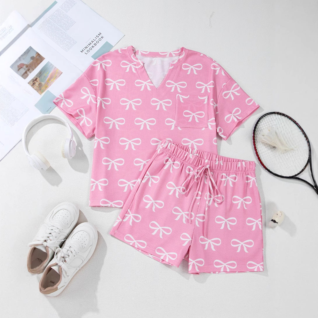Bowknot Printed Pajamas Two-piece Women's Casual Shorts