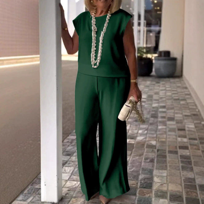 Women's Solid Color Round Neck Sleeveless Top And Trousers Suit
