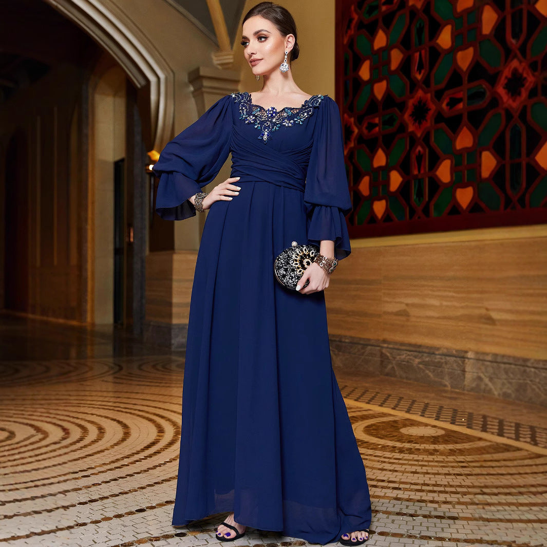 BA3122 Navy Blue Chiffon Patchwork Lace Lace Collar Evening Dress