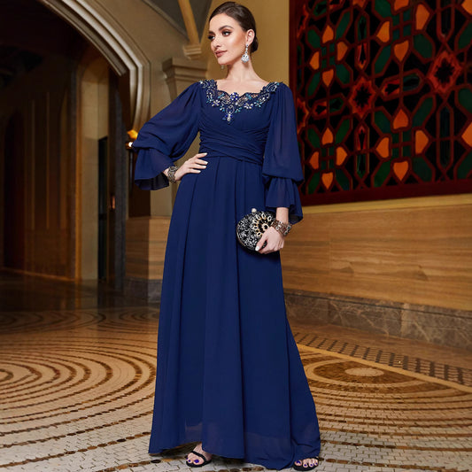 BA3122 Navy Blue Chiffon Patchwork Lace Lace Collar Evening Dress
