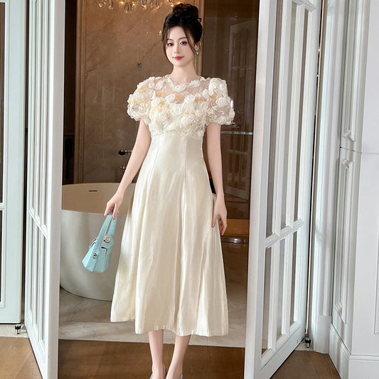 Puff Sleeve Waist-tight Draping Long Dress