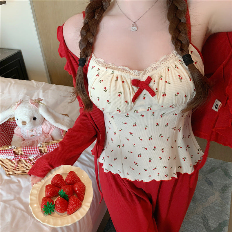 Women's Spring And Autumn Rose Print Comfortable Three-piece Pajamas