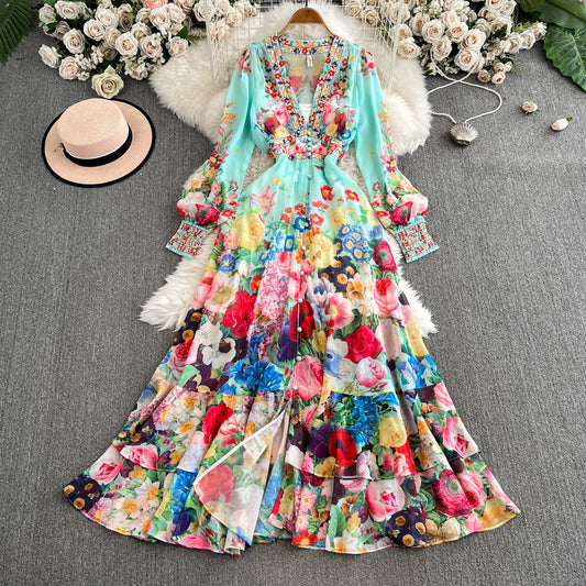 French Waist-controlled Large Hem Single-breasted Over-the-knee Elegant Dress