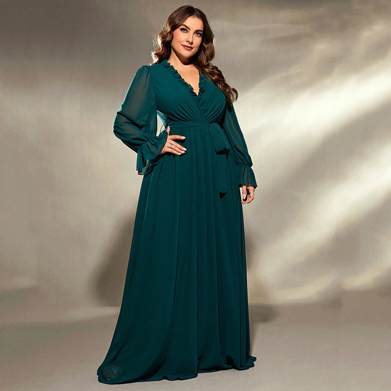 Women's Long Large Hem Green Chiffon Dress