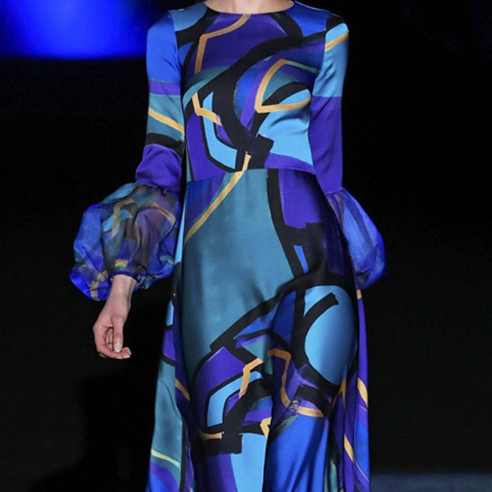 European And American New Blue Color Mid-waist Temperament Commute Printing Dress
