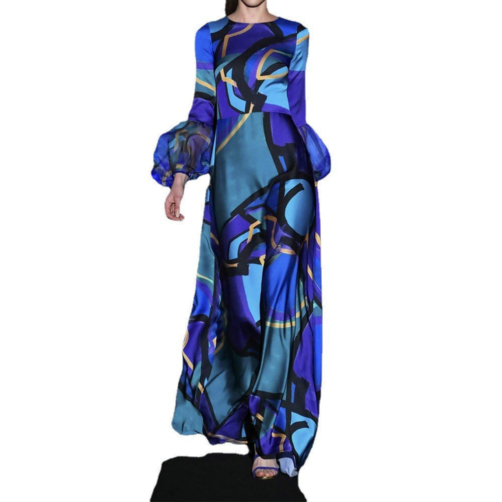 European And American New Blue Color Mid-waist Temperament Commute Printing Dress