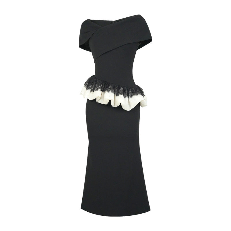 Off-shoulder Collar Design Ruffled Slimming Sheath Dress