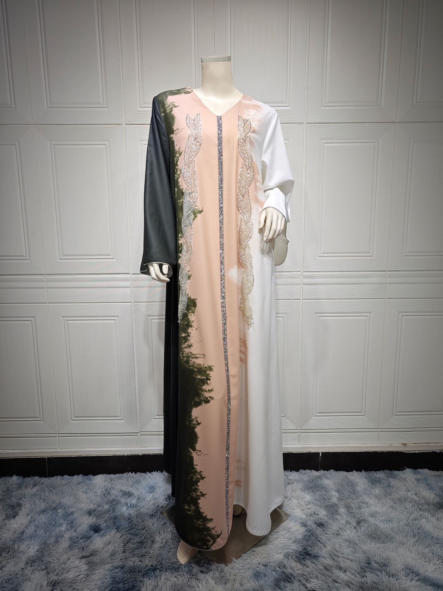 Pearl Embroidery Muslim Dress Tie-dye Rhinestone Robe