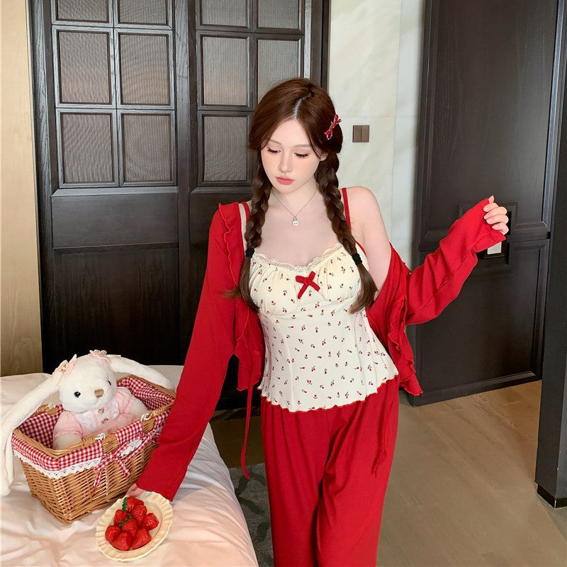 Women's Spring And Autumn Rose Print Comfortable Three-piece Pajamas