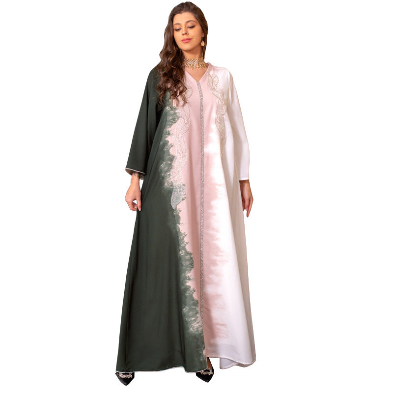 Pearl Embroidery Muslim Dress Tie-dye Rhinestone Robe