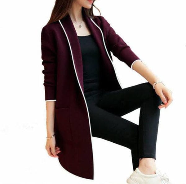 Maroon Front Open Long Coat Dual Pockets Jacket