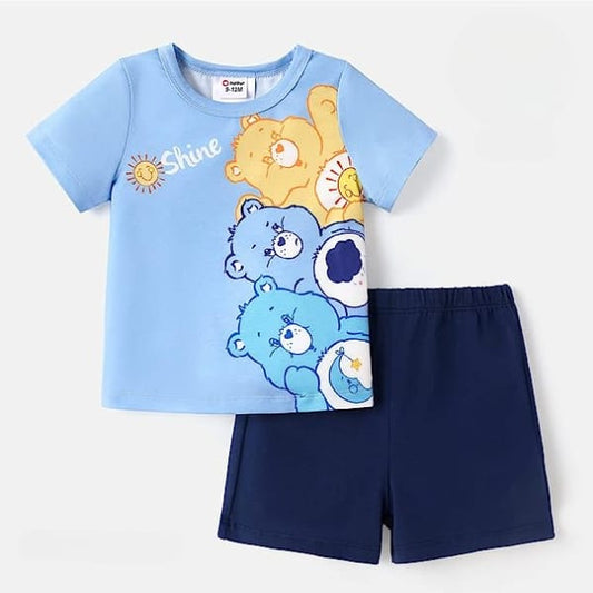 BLUE CARE BEAR PRINT SHORT-SLEEVE TEE & SHORTS SET