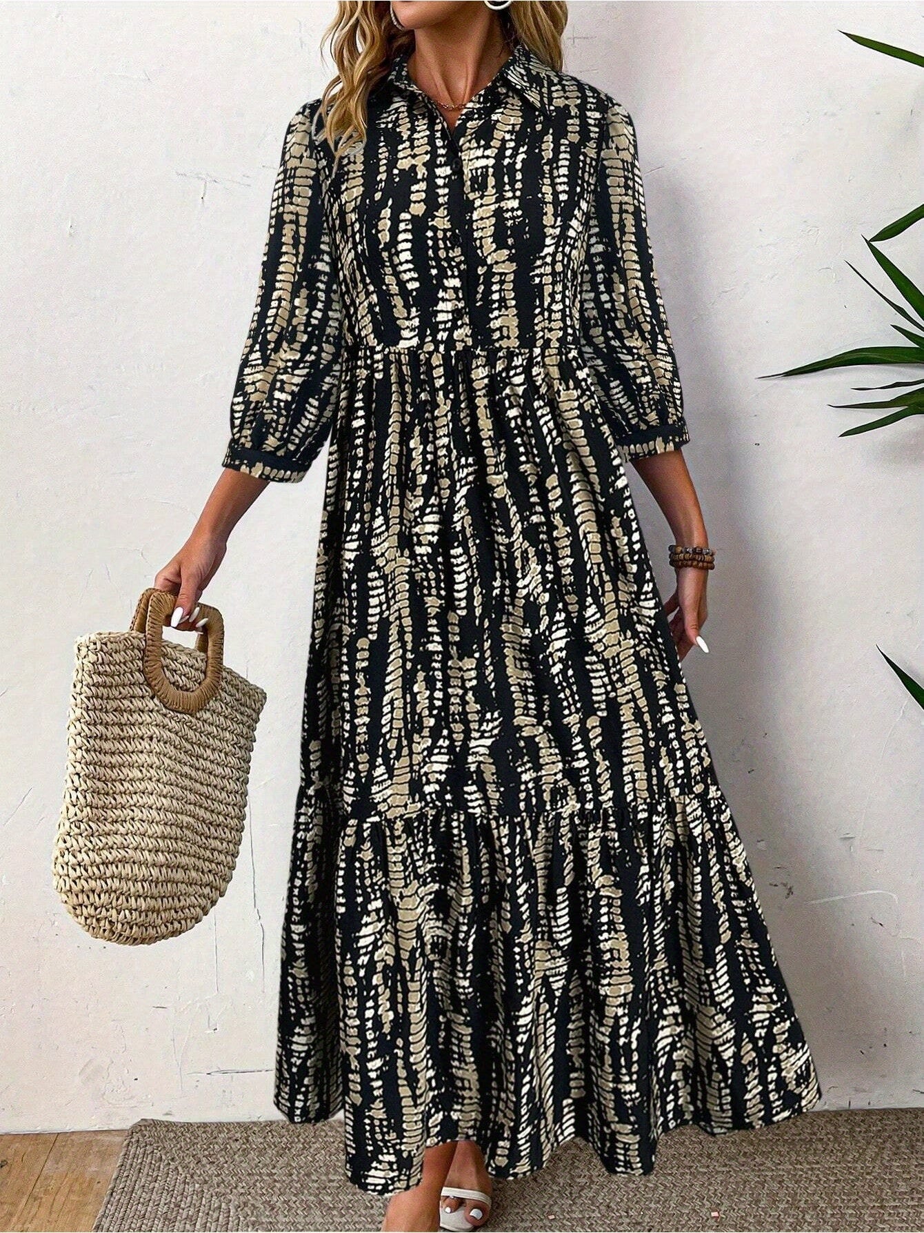 Women's Random Tie-Dye Print Spring And Summer Three-Quarter Sleeve Casual Shirtdress