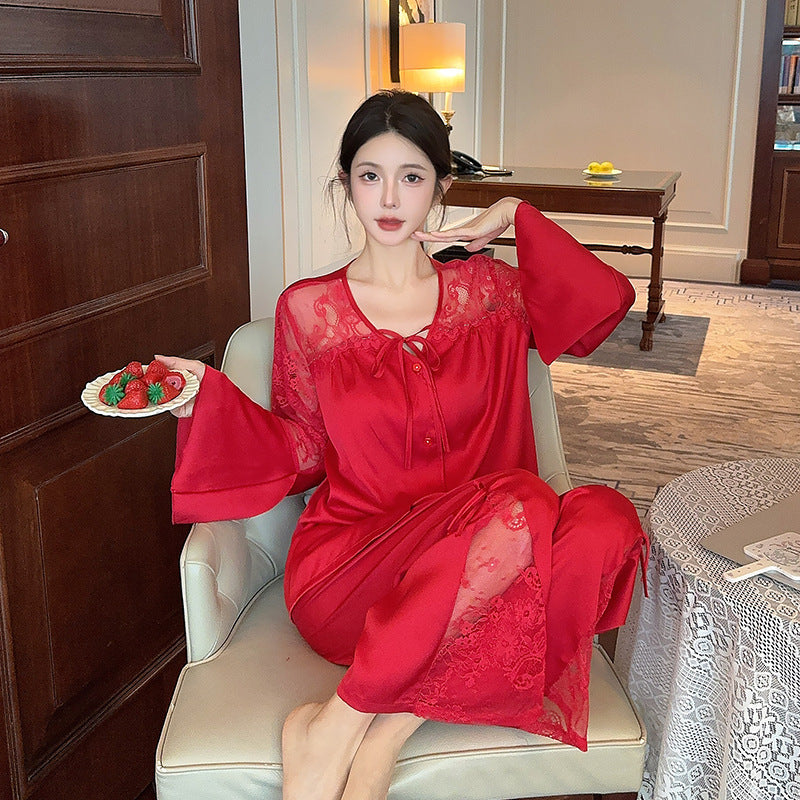 Women's Long-sleeved Ice Silk Pajamas Lace Suit