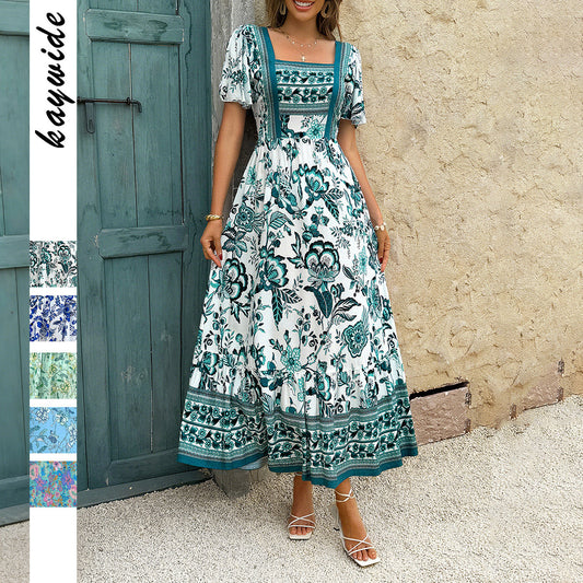 Holiday Floral Print A- Line Dress Women's Clothing
