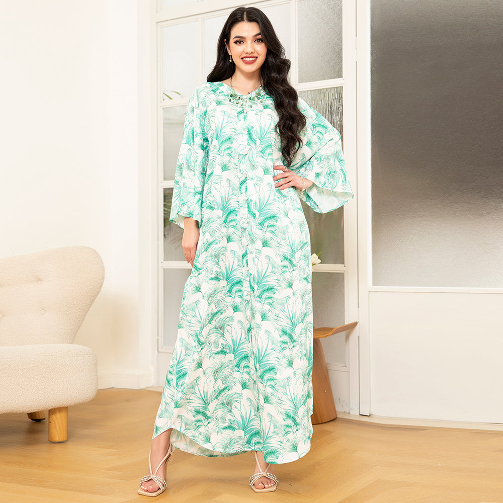 Holiday Style V-neck Plant Buttons Pocket Bat Sleeve Long Dresses