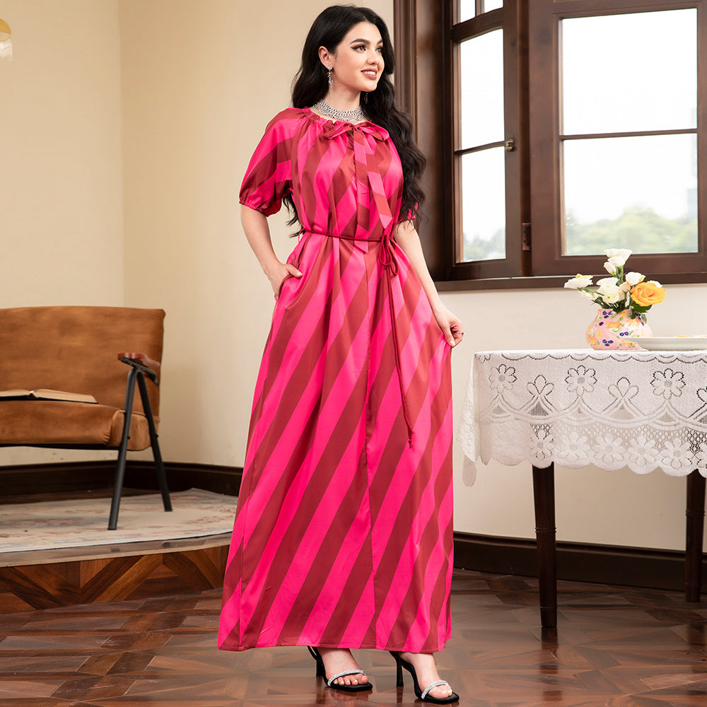 Elegant Style Ruffle Collar Stripe Color Contrast Pocket Bandage Puff Sleeve Long Dresses
