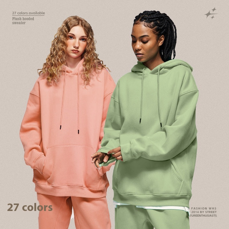 Fleece-lined Thick Hooded Solid Color Hoodie Suit