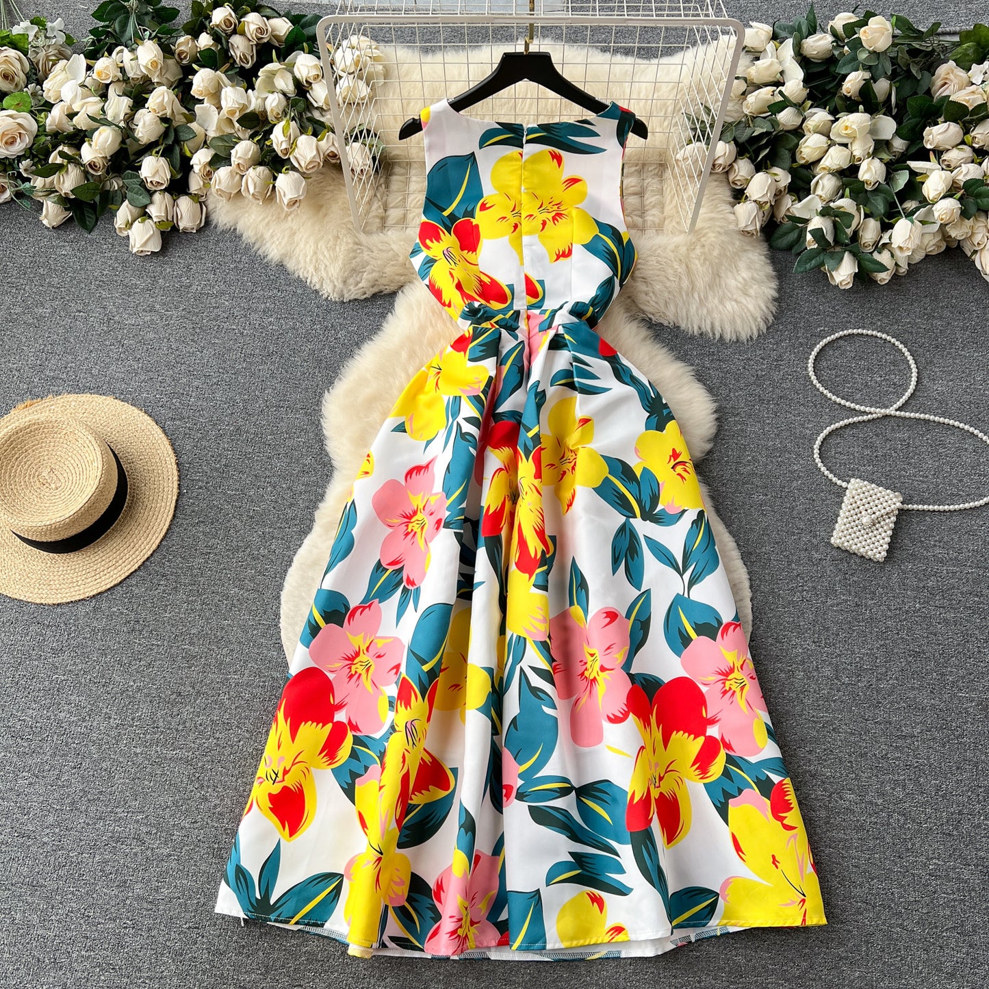 French Retro Crew Neck Positioning Printing Dress