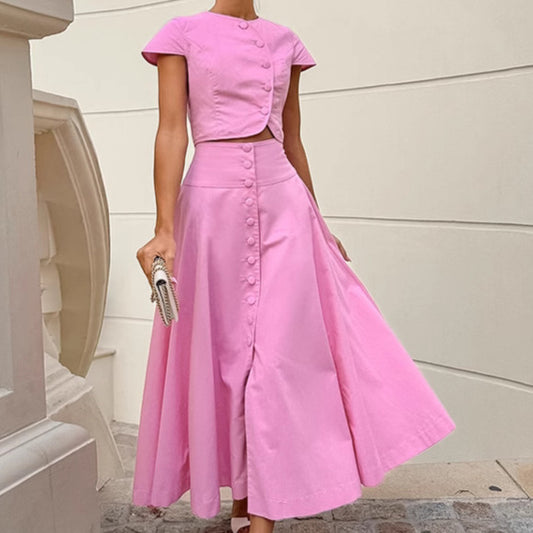 Cotton High Waist V-neck Dress Suit