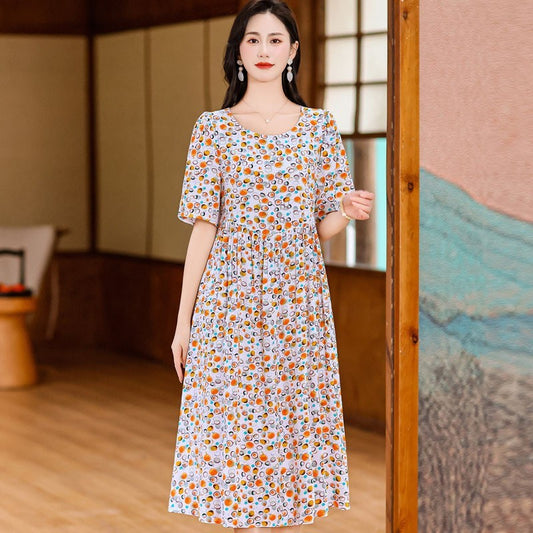 Cotton Silk Fashion Floral Loose Plus Size Outer Wear Dress