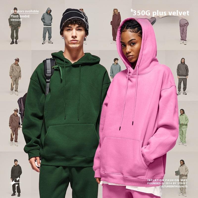 Fleece-lined Thick Hooded Solid Color Hoodie Suit