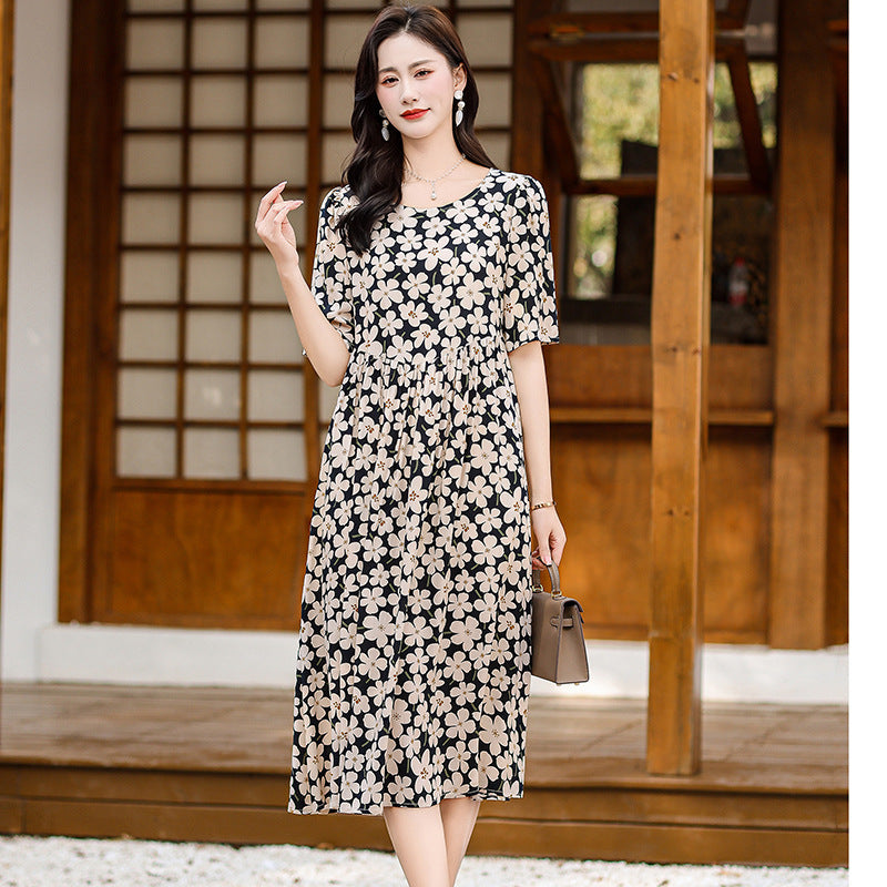 Cotton Silk Fashion Floral Loose Plus Size Outer Wear Dress