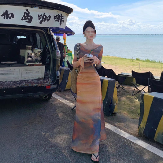 French Hot Girl Sunset Tie-dye Printing Swing Collar Mesh Dress