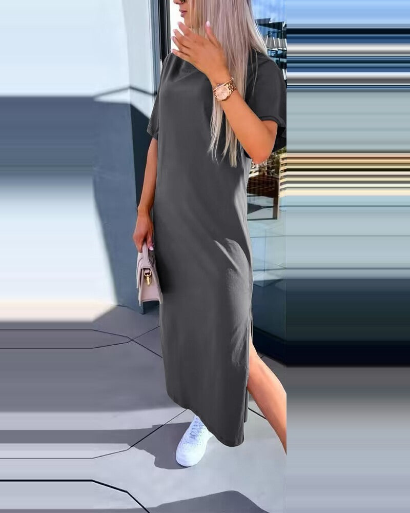 Solid Color Short Sleeve Round Neck Slit Hemline At Hem Dress