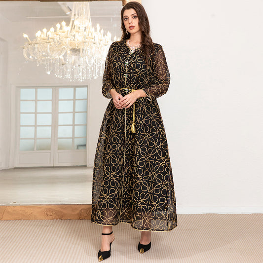 Elegant Style V-neck Geometry Color Contrast Embroidery Belt Regular Sleeve Kaftan Black