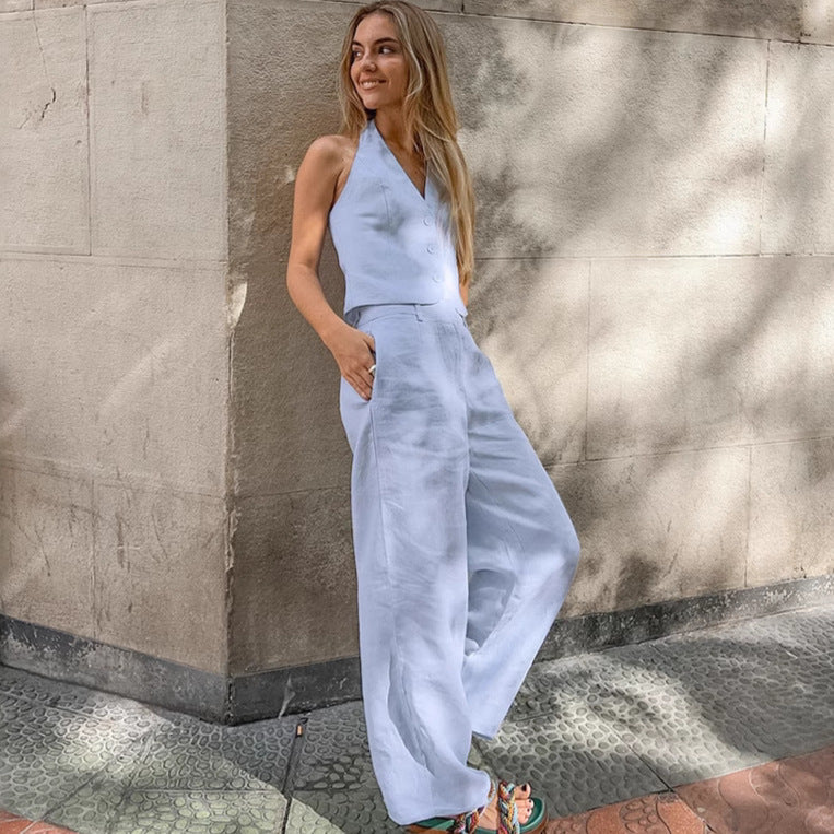 Blue Cotton Linen Sleeveless Waistcoat Vest Trousers Suit