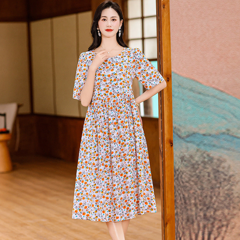 Cotton Silk Fashion Floral Loose Plus Size Outer Wear Dress