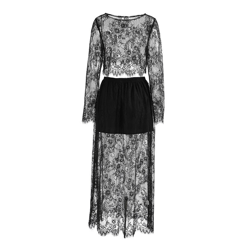Sexy Black See-through Brocade Lace Long Sleeve Round-neck High Waist Skirt Suit