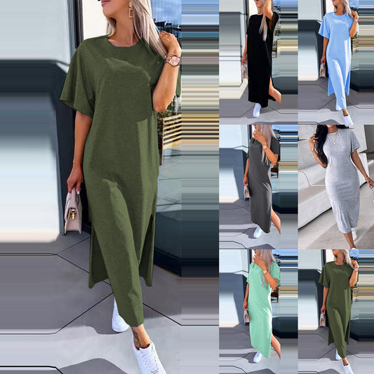 Solid Color Short Sleeve Round Neck Slit Hemline At Hem Dress