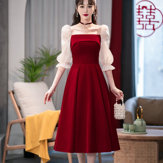 Women's All-match Wine Red High Sense Dress